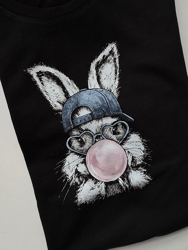 Koszulka czarna z krótkim rękawem królik z gumą balonową rozmiar 140