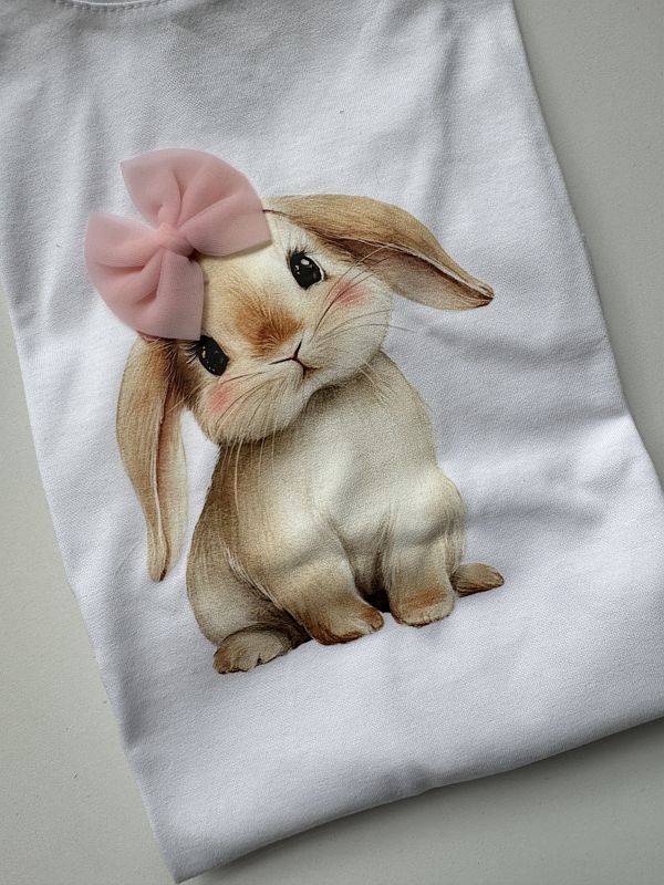 Koszulka biała z krótkim rękawem króliczek z kokardą rozmiar 140