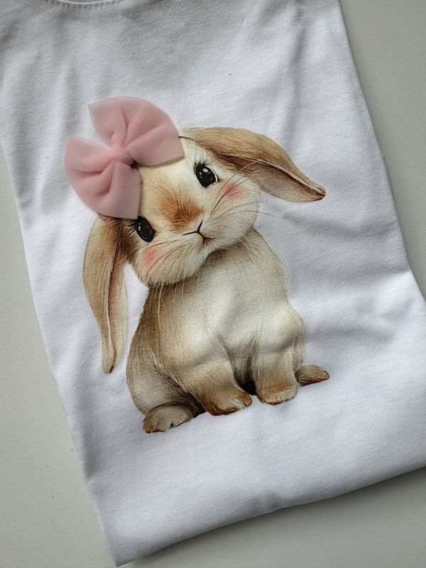 Koszulka biała z krótkim rękawem króliczek z kokardą rozmiar 140