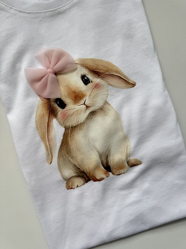 Koszulka biała z krótkim rękawem króliczek z kokardą rozmiar 134