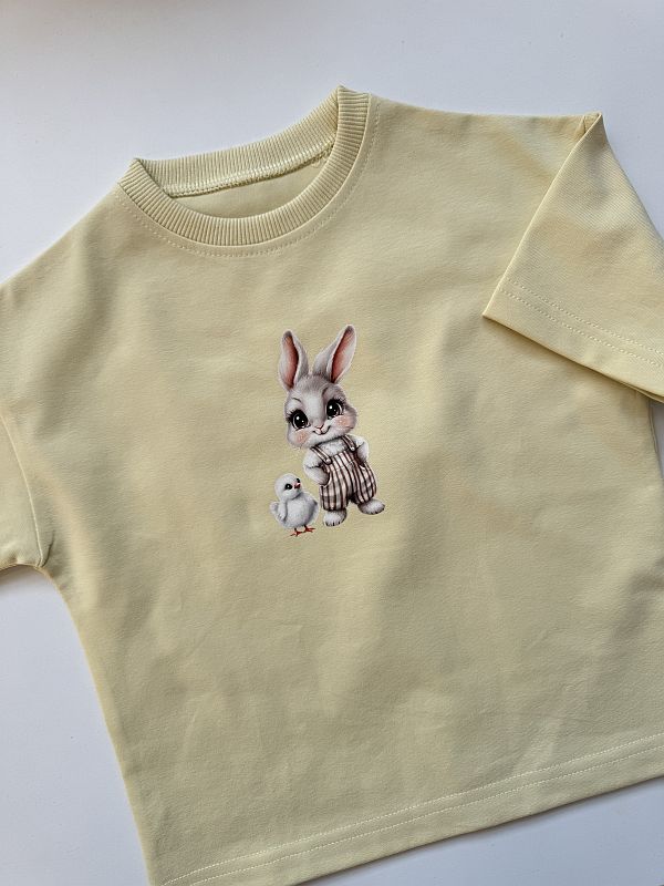 Koszulka żółta z krótkim rękawem króliczek z kurczakiem rozmiar 92