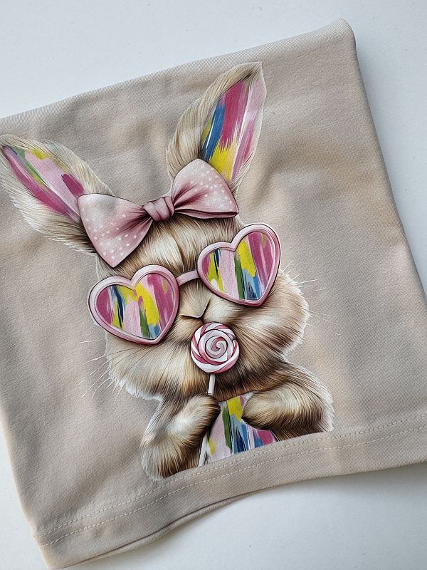 Koszulka beżowa z krótkim rękawem króliczek w kolorowych okularach rozmiar 116