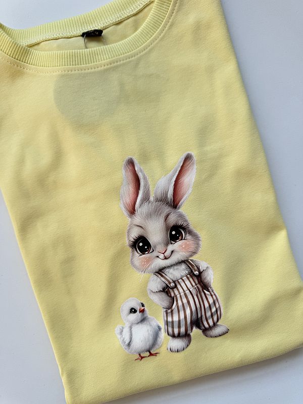 Koszulka żółta z krótkim rękawem króliczek z kurczakiem rozmiar 128