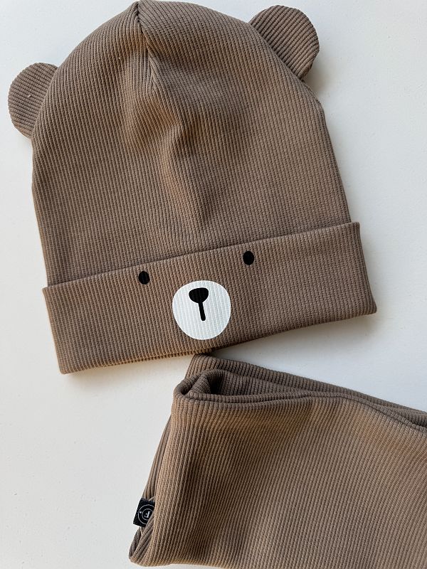Komplet kawowy czapka + komin buzia misia 6m-18m