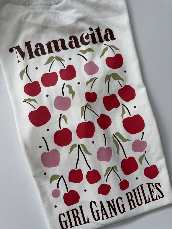 Koszulka ecru damska mamacita wisienki na plecach rozmiar oversize