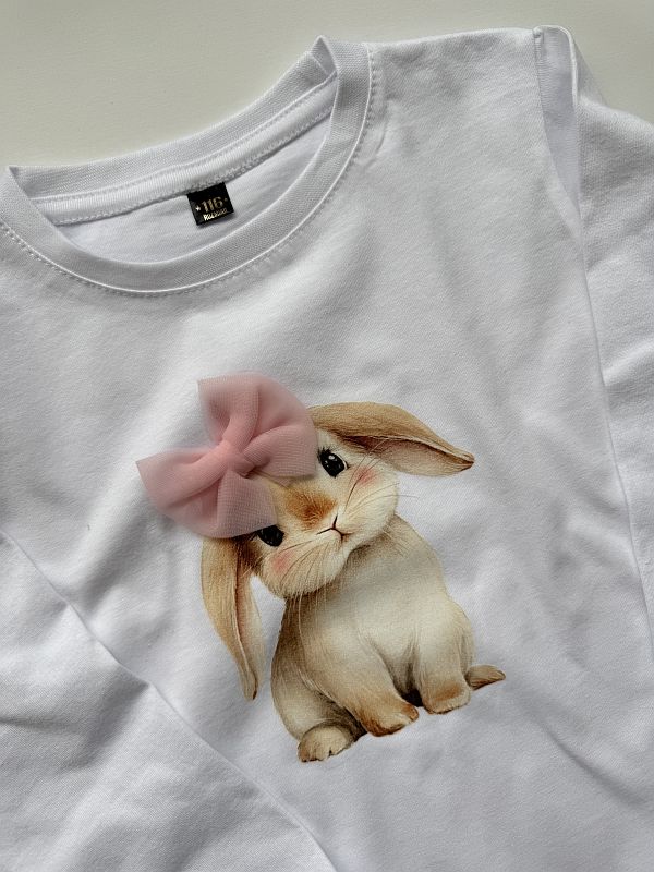 Koszulka biała z długim rękawem króliczek z kokardą rozmiar 116