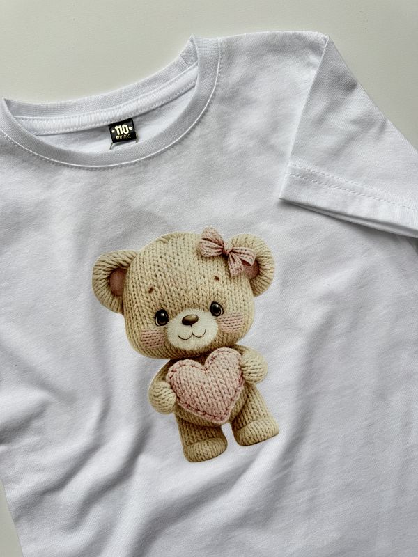 Koszulka biała z krótkim rękawem sweterkowy miś rozmiar 110