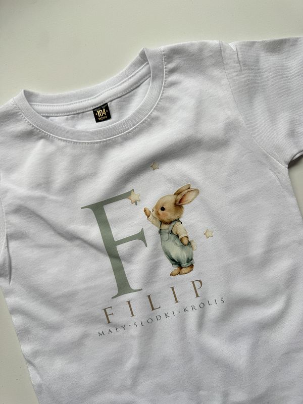 Koszulka biała z krótkim rękawem Filip mały słodki krółiś rozmiar 104