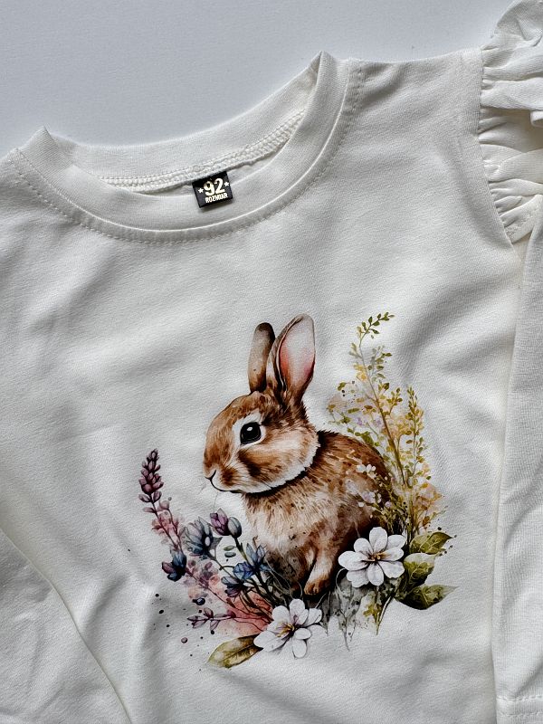 Koszulka ecru z długim rękawem królik w kwiatach rozmiar 92