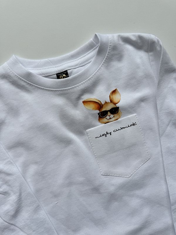 Koszulka biała z długim rękawem królik w kieszonce rozmiar 92