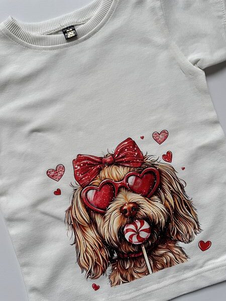 Koszulka ecru z krótkim rękawem piesek rozmiar 98