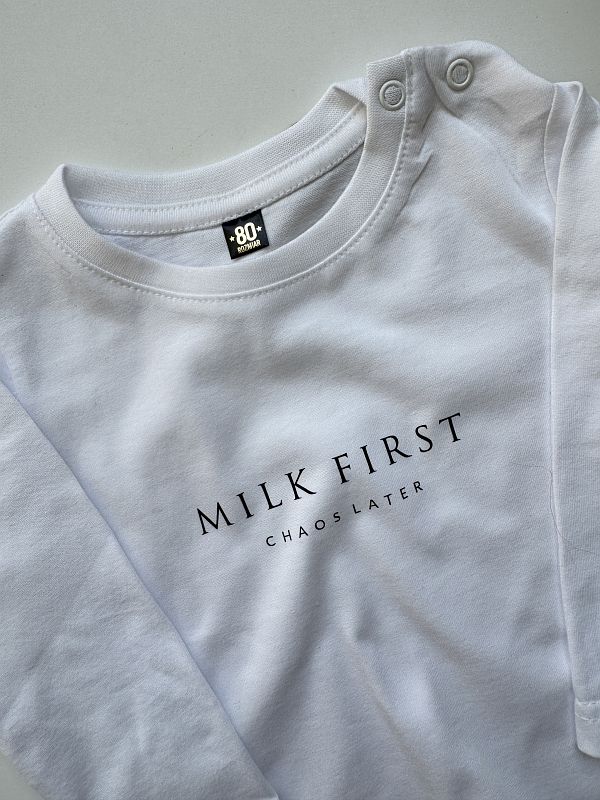 Koszulka biała z długim rękawem milk first rozmiar 80