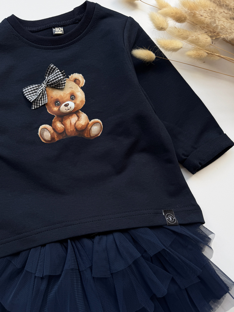 Granatowa tunika z nadrukiem misia z kokardką