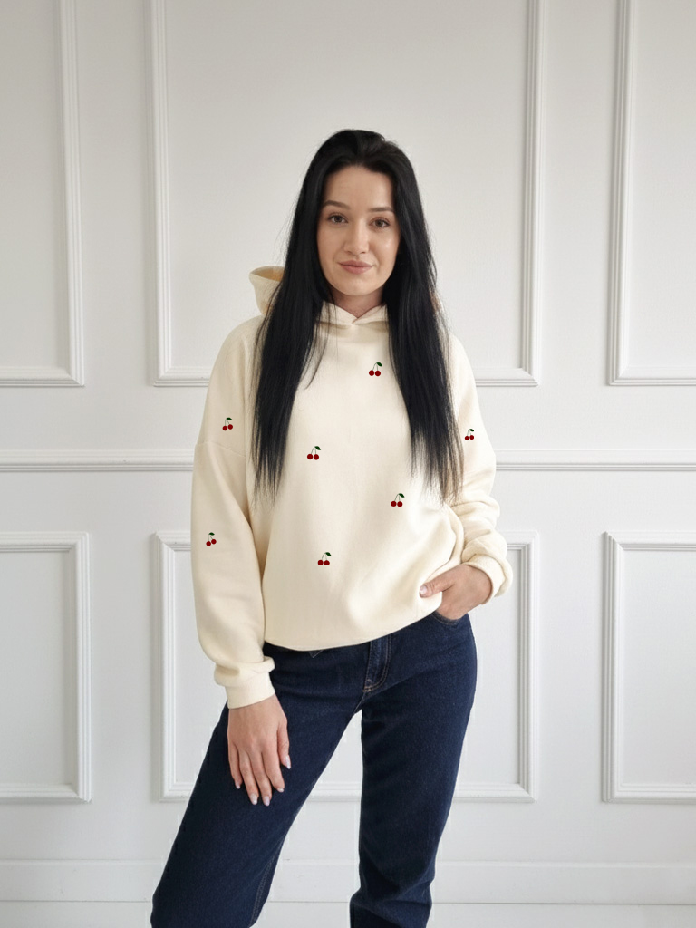 Bluza damska z kapturem waniliowa z nadrukiem wisienek