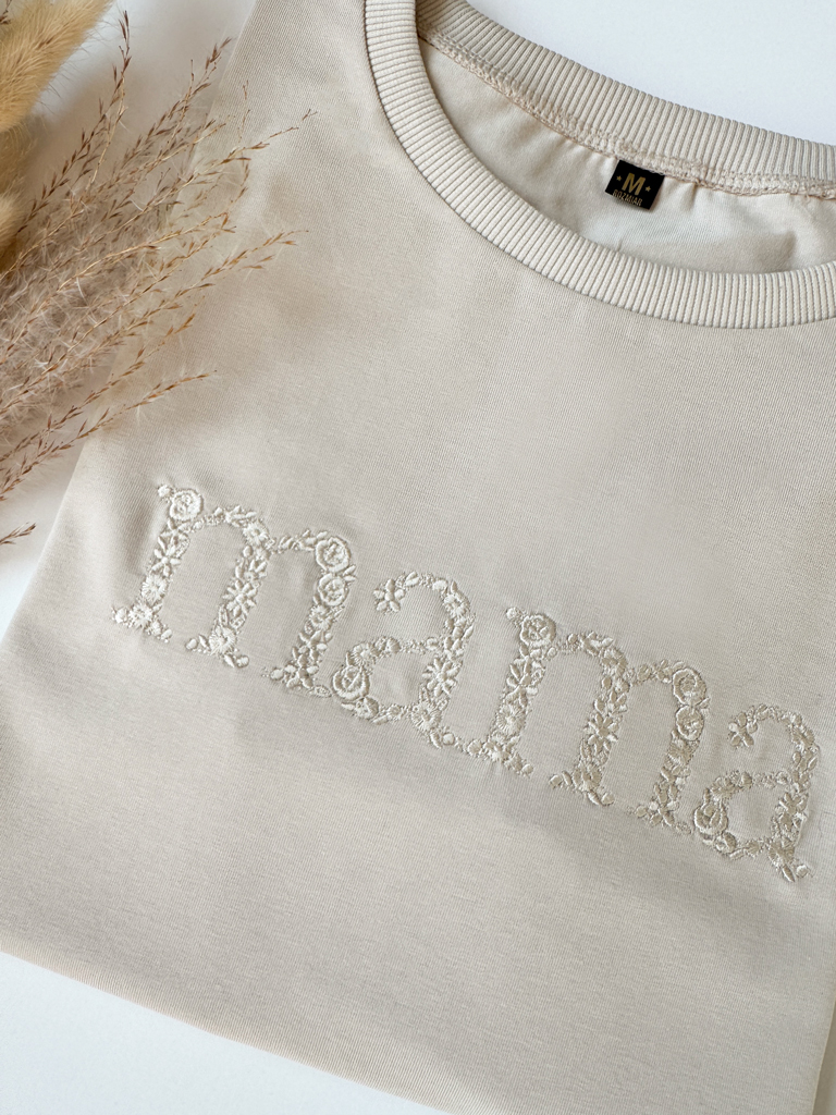 Beżowa koszulka damska z beżowym haftem mama