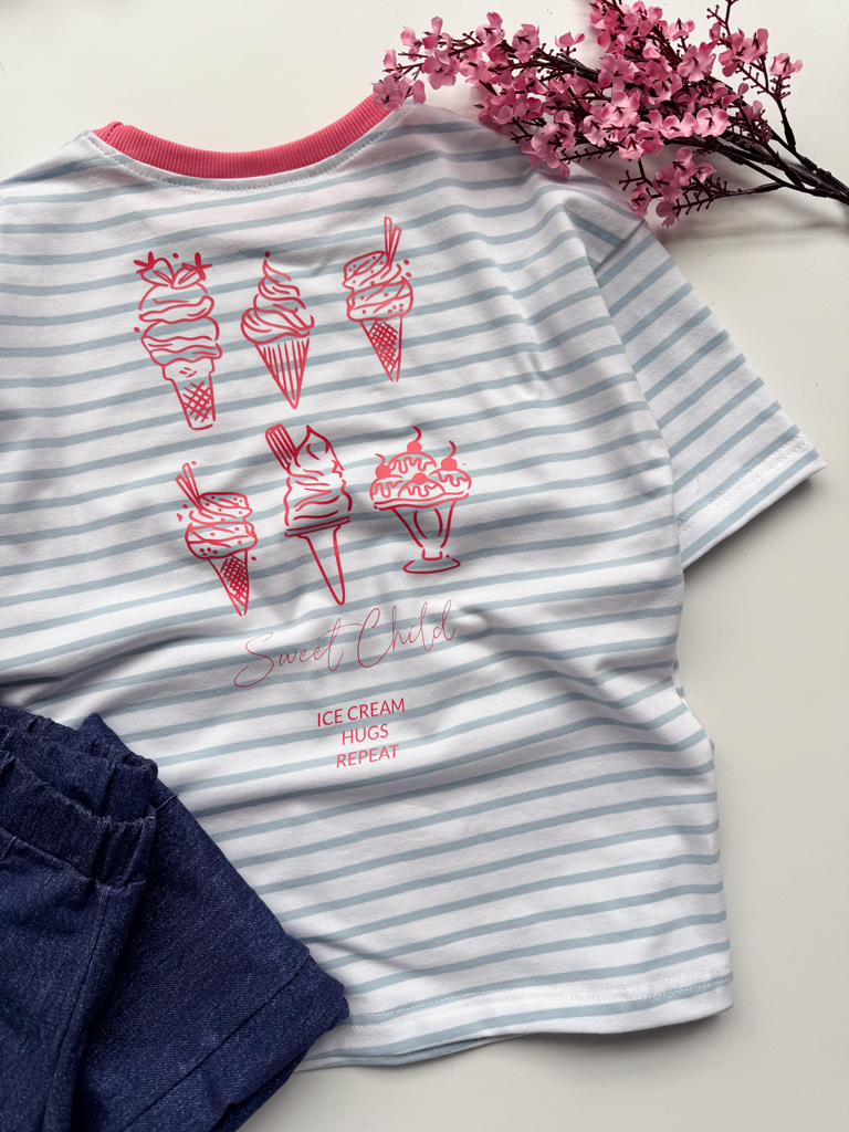 Koszulka dziecięca oversize w paski z nadrukiem lodów