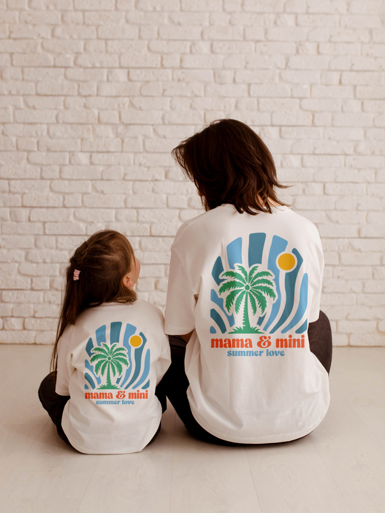Komplet dla mamy i dziecka z nadrukiem palmy summer love
