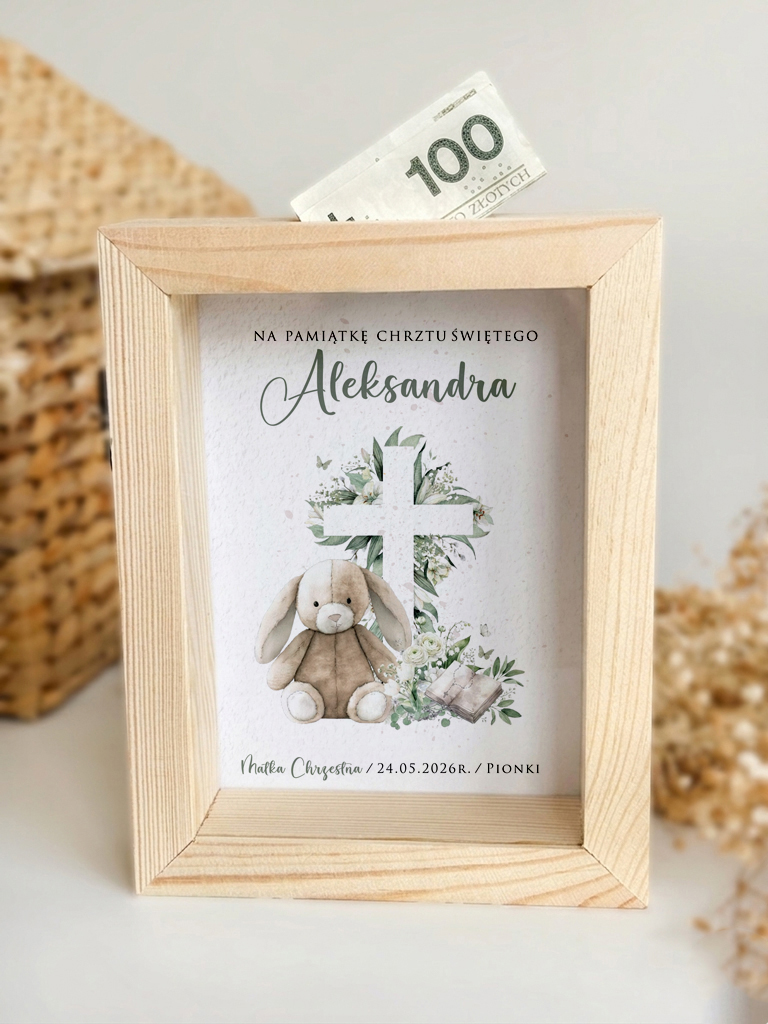 Skarbonka z króliczkiem pamiątka Chrztu Świętego