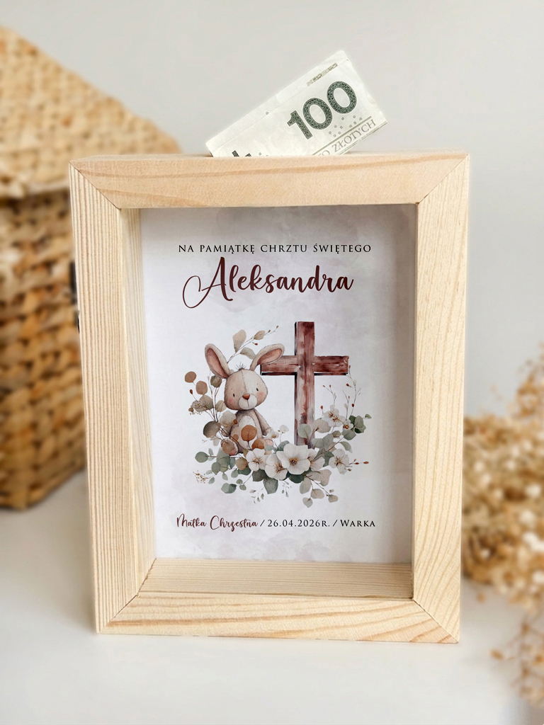 Skarbonka króliczek w kwiatach pamiątka Chrztu Świętego