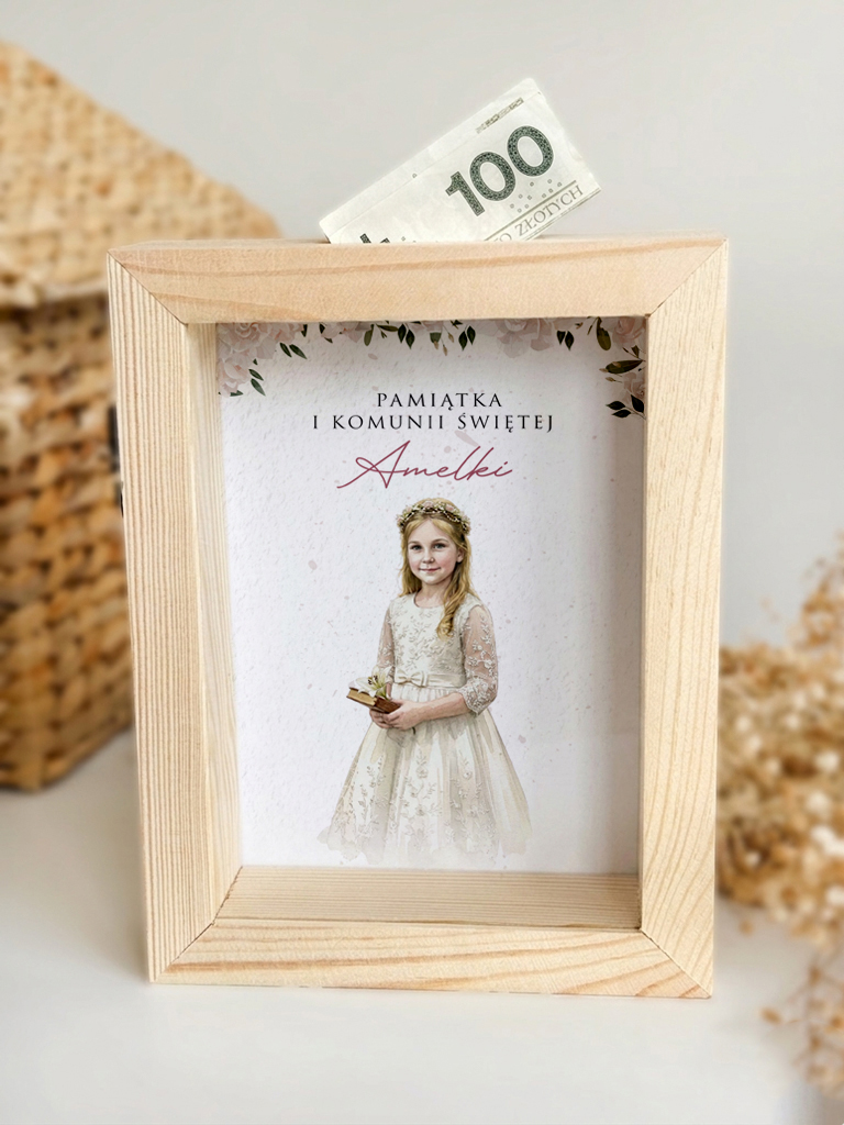 Skarbonka dla dziewczynki Pamiątka Komunii Świętej ze zdjęciem