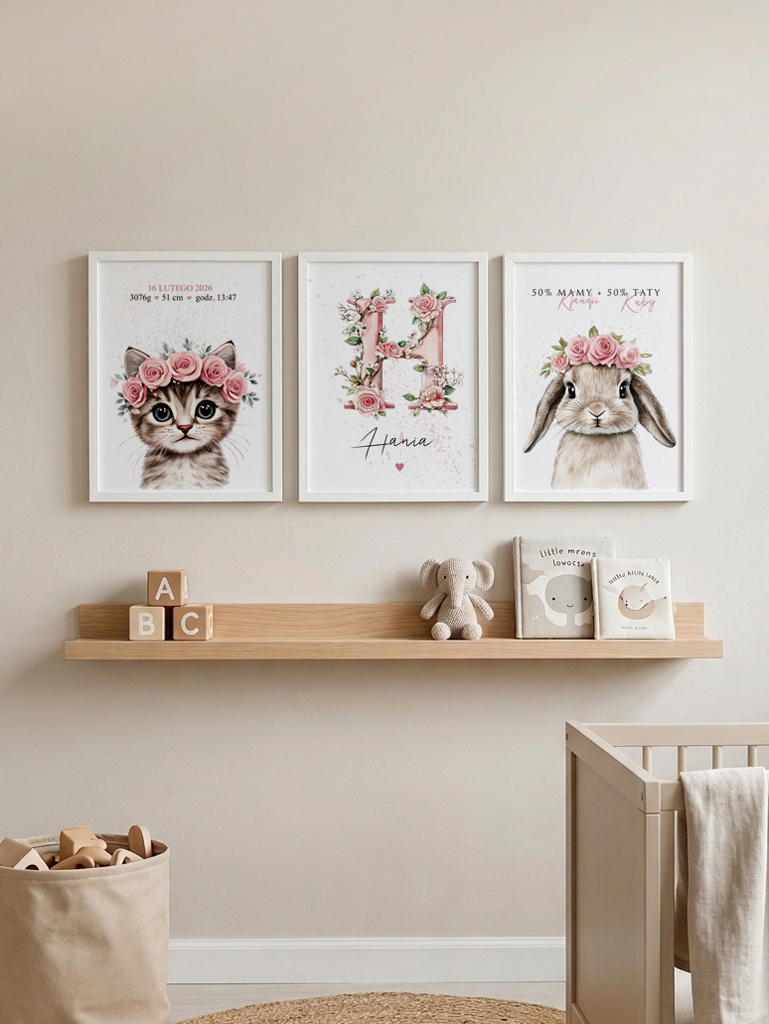 Zestaw 3 plakatów w ramkach metryczka zwierzątka i kwiaty