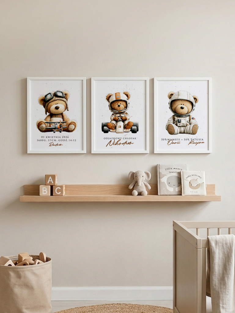 Zestaw 3 plakatów w ramkach metryczka z misiami