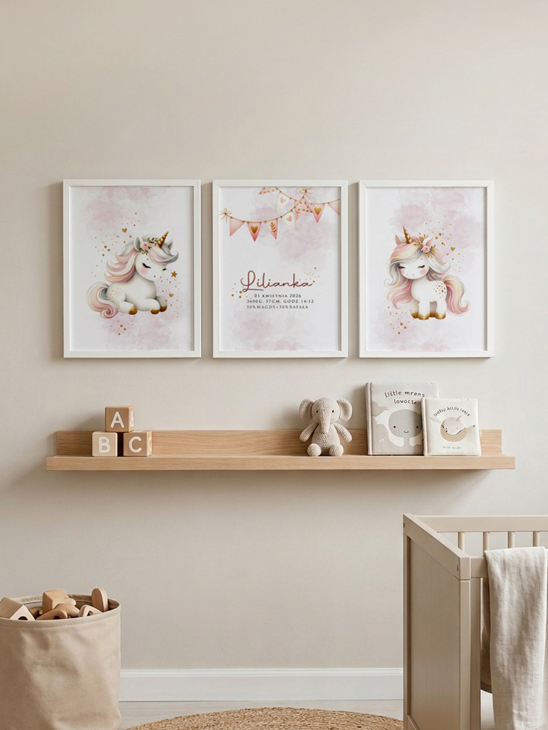 Zestaw 3 plakatów w ramkach metryczka jednorożce