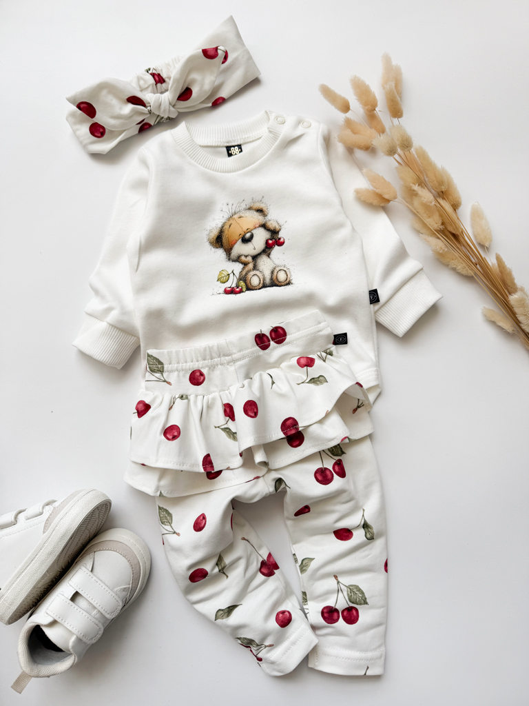 Komplet dla dziewczynki wisienki (body + legginsy + opaska)