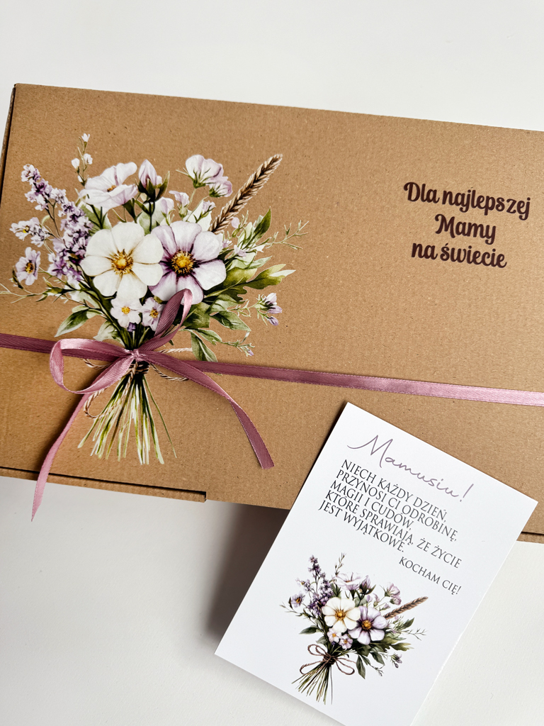 Pudełko na prezent dla mamy z nadrukiem bukietu kwiatów + liścik