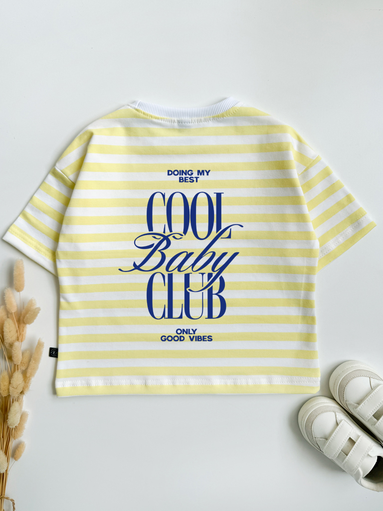 Koszulka dziecięca oversize w paski z nadrukiem cool baby club