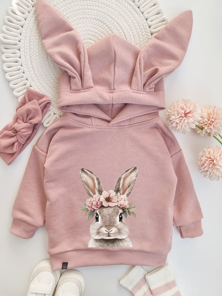 Bluza z kapturem z uszkami zajączek w kwiatowym wianku
