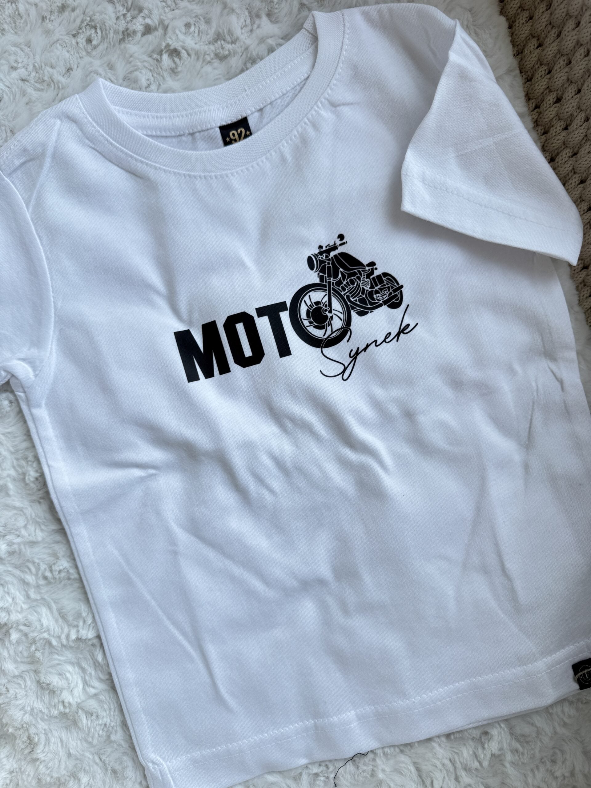 Koszulka biała krótki rękaw moto synek rozmiar 92