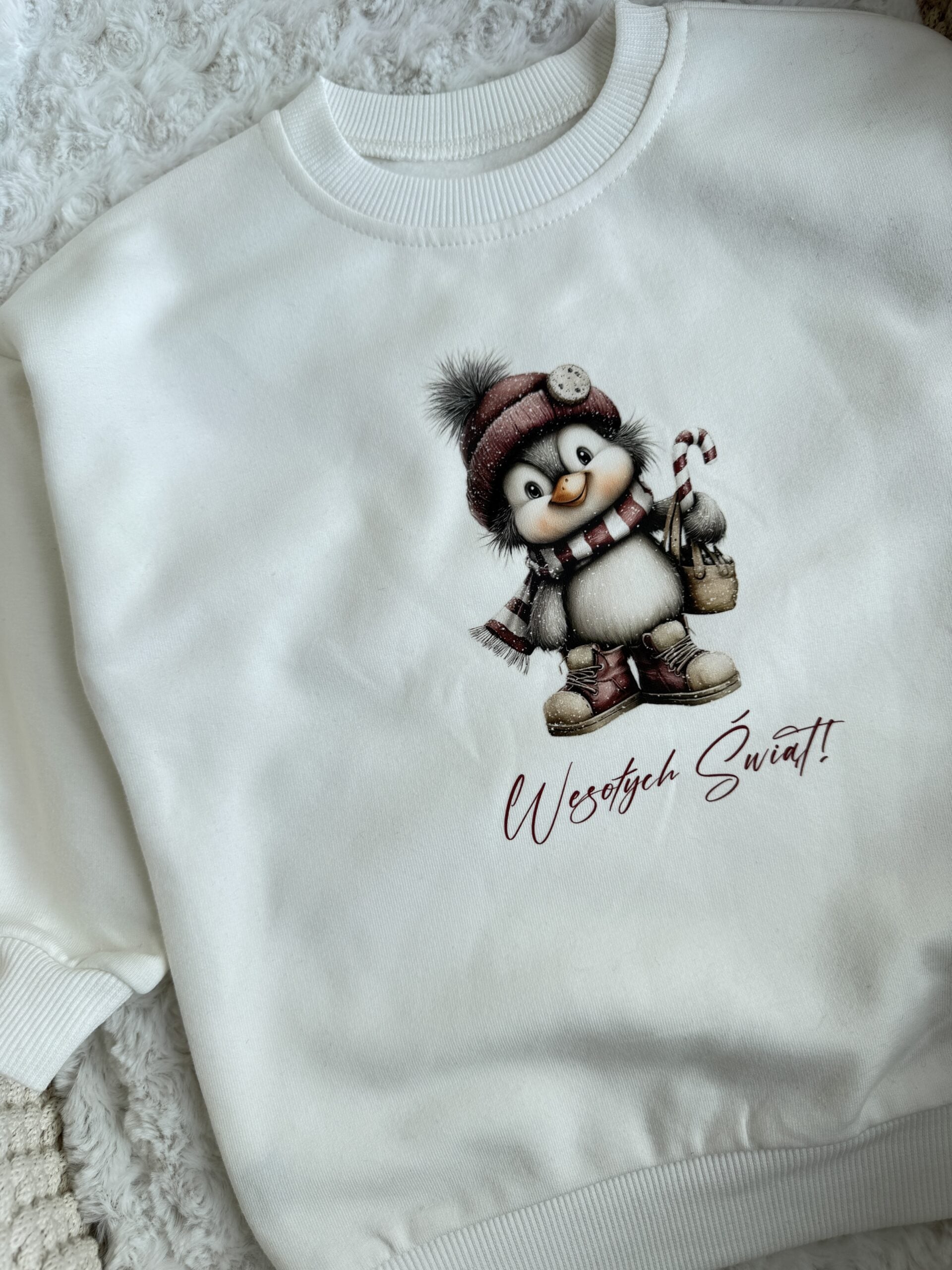 Bluza ecru pingwinek wesołych świąt rozmiar 92