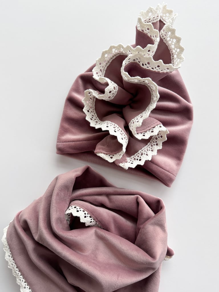 Komplet welurowy wrzosowy turban + chusta